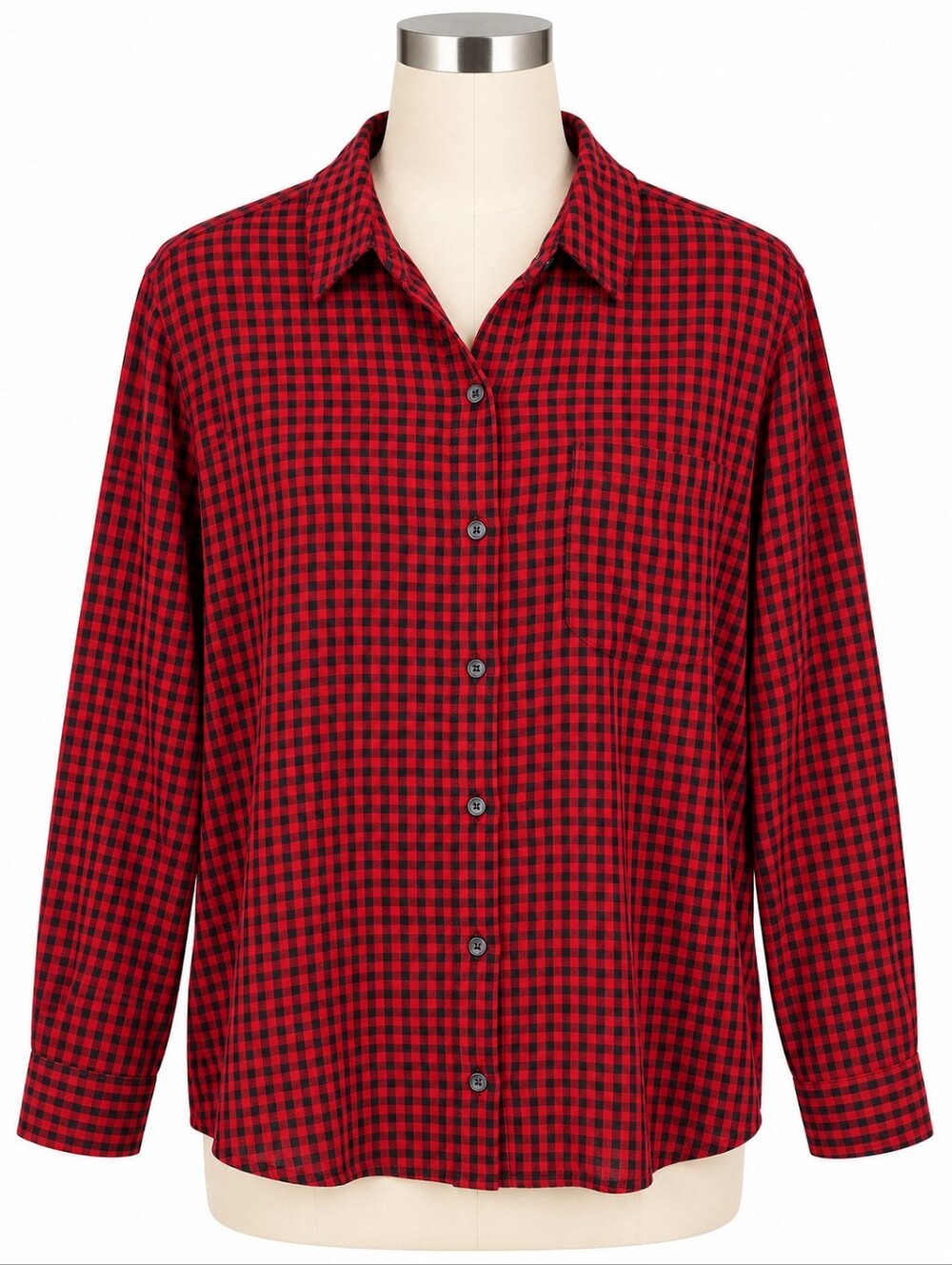 Old Navy Women's XXL Red Black Gingham Check Rayon Button Up Shirt Long Sleeve
